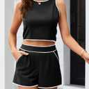 Fessceruna Women's 2 Piece Outfits Sleeveless Crop Zip Back Tank Top and High Waist Shorts Summer Contrast Workout Sets (Black, L)