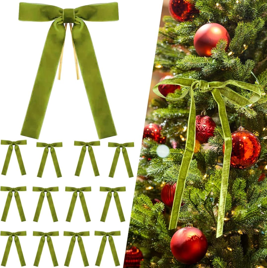12Pcs Olive Green Velvet Christmas Tree Bows Ornaments Vintage Velvet Ribbon Bows for Tree Garland Wreath Indoor Outdoor Christmas Decor Xmas Decorations 1'' Wide, 5 * 7 inch