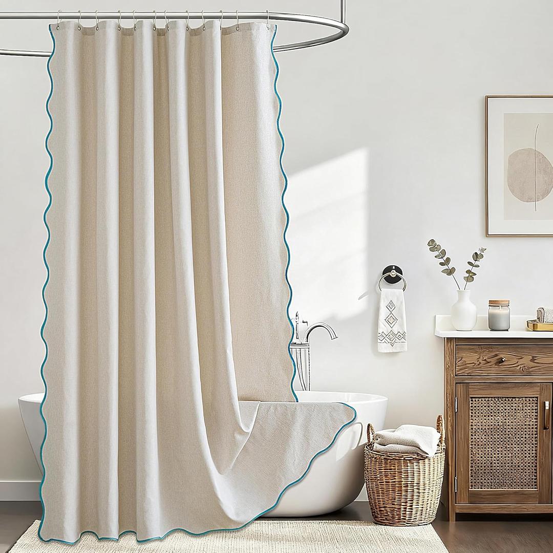 Beige Scalloped Shower Curtain Linen Textured with 12 Metal Hooks Cute Heavy Duty Washable Waterproof Neutral Thick Cloth Shower Curtains with Blue Border for Bathroom Hotel Bathtub, W72xL72