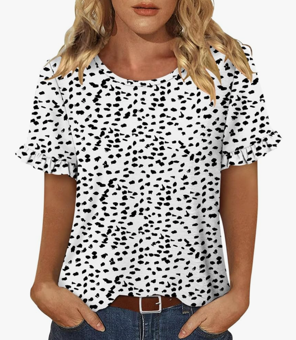 CRAZY GRID Womens Summer Tops Casual Crewneck Blouse Ruffle Short Sleeve T-Shirt Cute Floral/Solid Tunic Tops, size Lage