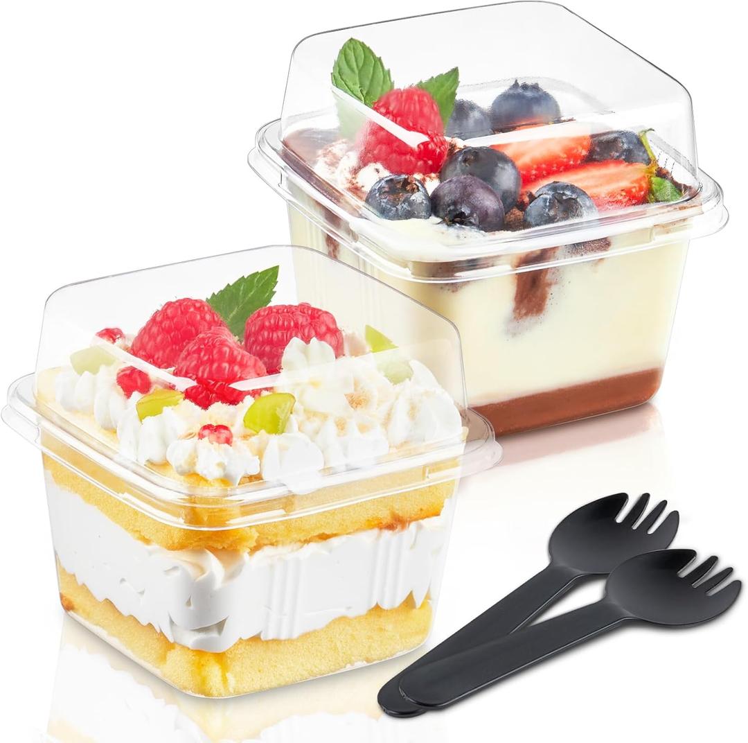 Kucoele 100 Pack 8 oz Plastic Dessert Cups with Lids and Sporks, Clear Square Cake Cups Parfait Containers for Pudding Fruit Mousse Yogurt and Shortcake