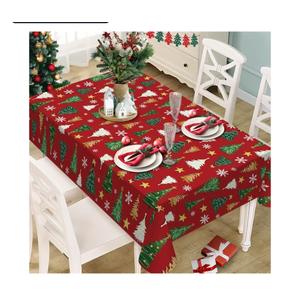 Christmas Tree Red Rectangle Tablecloth 60 x 84 Inches, Xmas Pine Trees Snowflake Stars Decorative Dining Table Cloth, Winter Holiday Farmhouse Dinner Tablecover Picnic Party Decoration