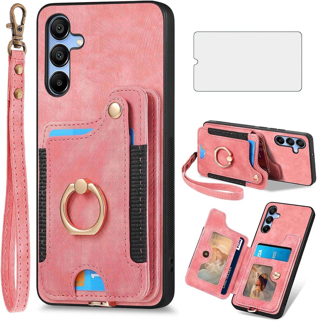 Phone Case for Samsung Galaxy A16 5G/4G Wallet Cover with Tempered Glass Screen Protector and Wrist Strap Lanyard RFID Credit Card Holder Ring Stand Cell Accessories A 16 16A SM-A166U Women Men Pink
