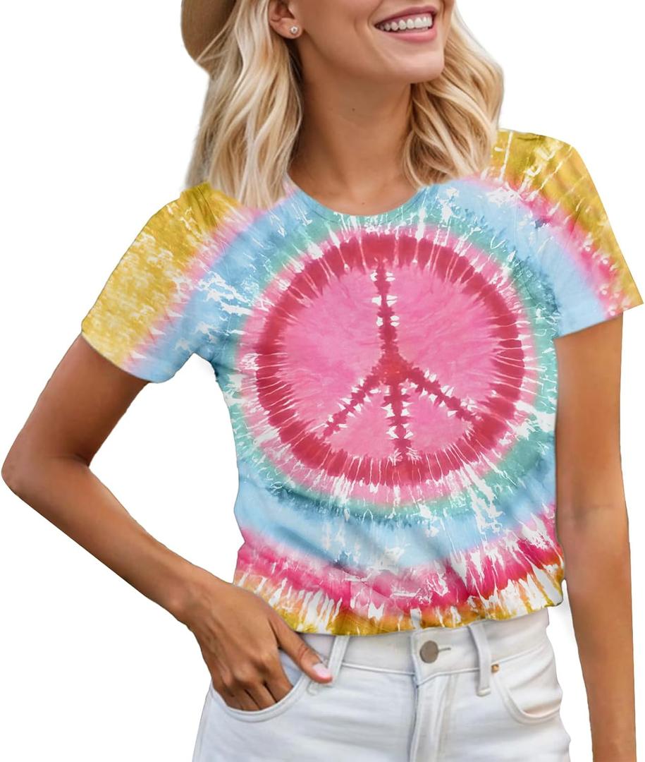 Women Hippie Shirt 60s 70s Tie Dye Hippie Costume T-Shirt Peace Love Tshirt Vintage Graphic Tee Tops, XL 