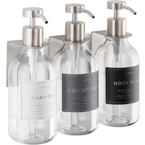 Shower Shampoo Dispenser Wall Mounted 3 Refillable 16.9 oz Clear Bottles with Stainless Steel Pumps & No-Drill Adhesive Holders Soap Dispenser Set for Bathroom (3 X Clear/Silver)