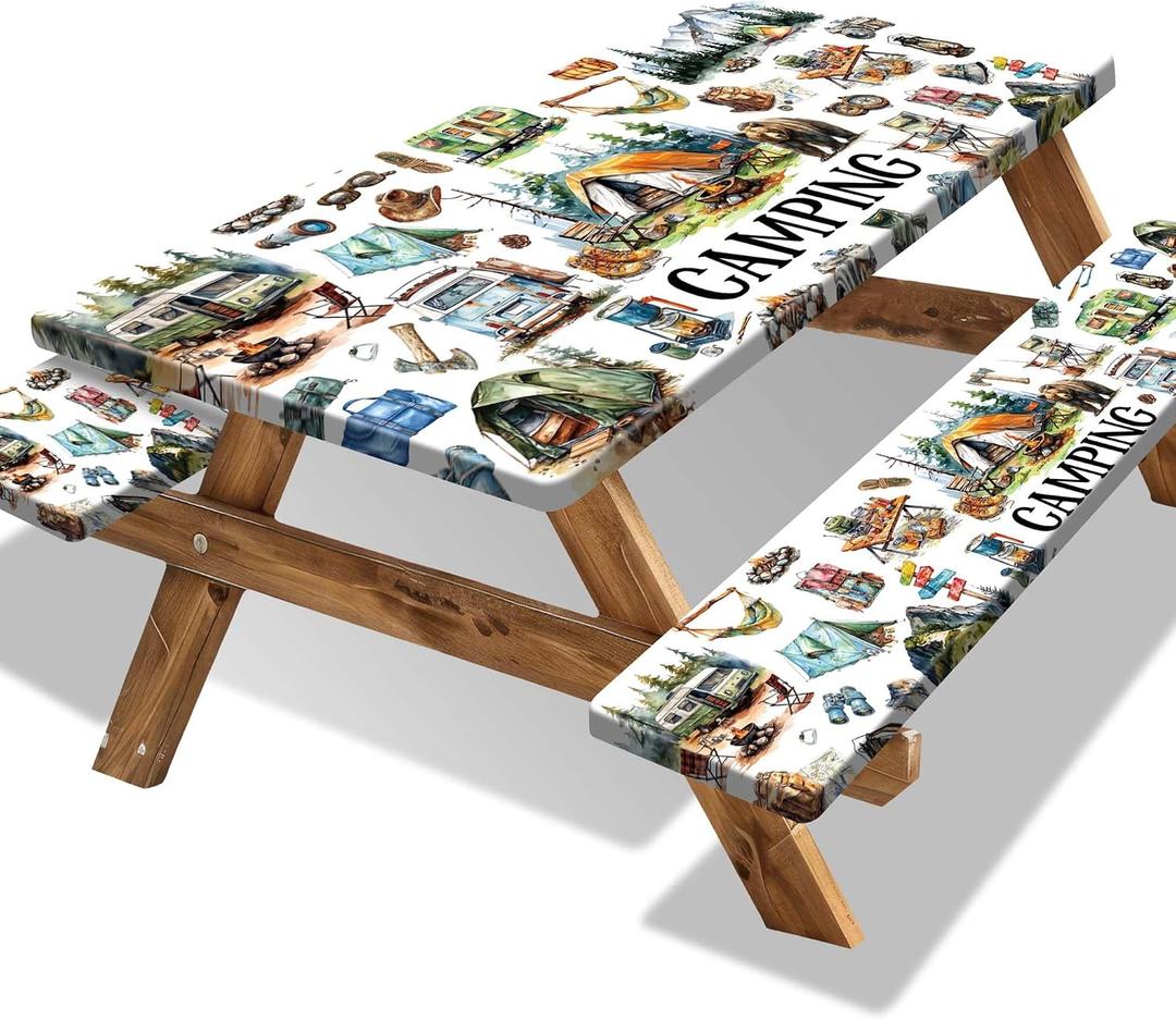 Picnic Table Cover with Bench Covers 6FT Camping Essentials Fitted Picnic Table Cloths Camping Table Cover Outdoor Elastic Picnic Tablecloth (3pcs-72")