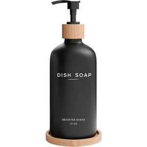 Black Glass Dish Soap Dispenser for Kitchen Sink by Brighter Barns - Modern Kitchen Soap Dispenser Set with Tray - Bamboo Bottle with Pump - Boho Home Decor, Modern Home Decor for Airbnb, Gift (Black)