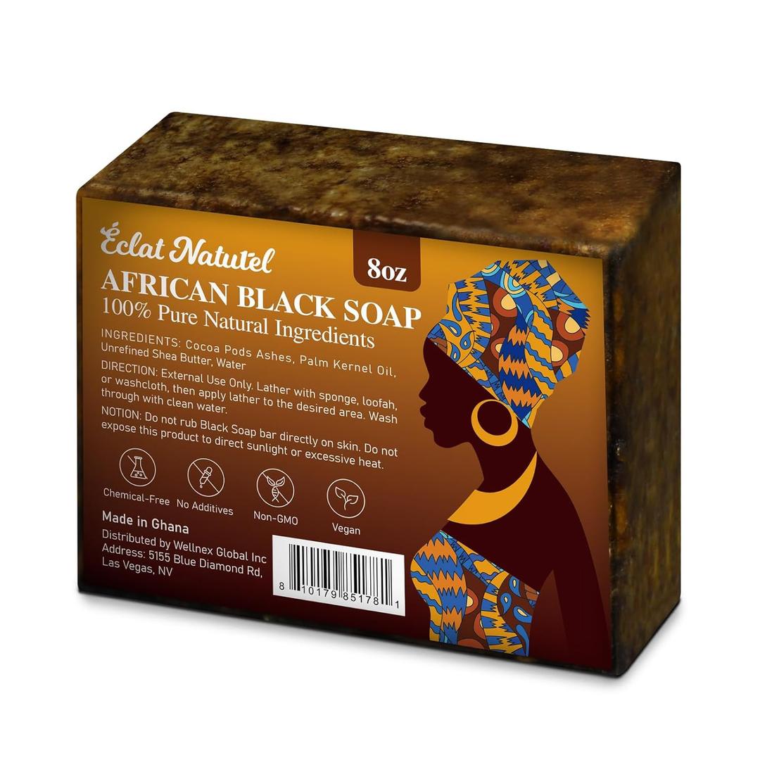 African Black Soap, 100% Pure & Natural, For Face & Body Fight Acne, Eczema & Oily Skin, With Raw Shea Butter, Palm Kernel Oil & Cocoa Pod Ash, 8 Oz