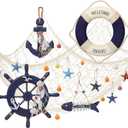 Marsui 11 Pcs Wooden Nautical Wall Decor Fishing Net Decoration, Include Decorative Fishing Net, Ship wheel, Fish Skeleton, Life Ring, Anchor, Starfish Beach Decor for Mediterranean Party (Khaki)