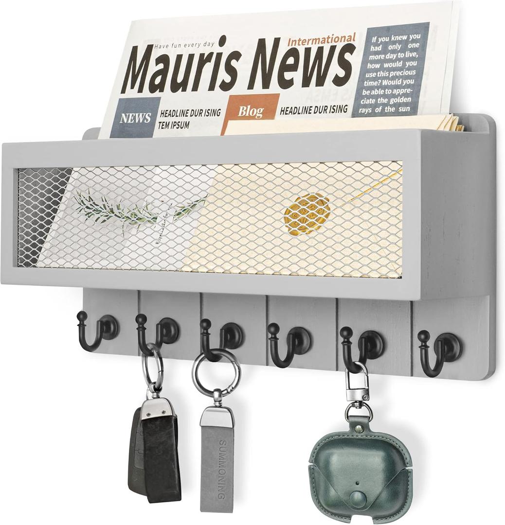 Rebee Vision Modern Key Holder for Wall with Mail Organizer: Stylish Mesh Storage Basket with 6 Sturdy Hooks - Farmhouse Wall Decor for Apartment, Entryway, Hallway, Office (Gray)