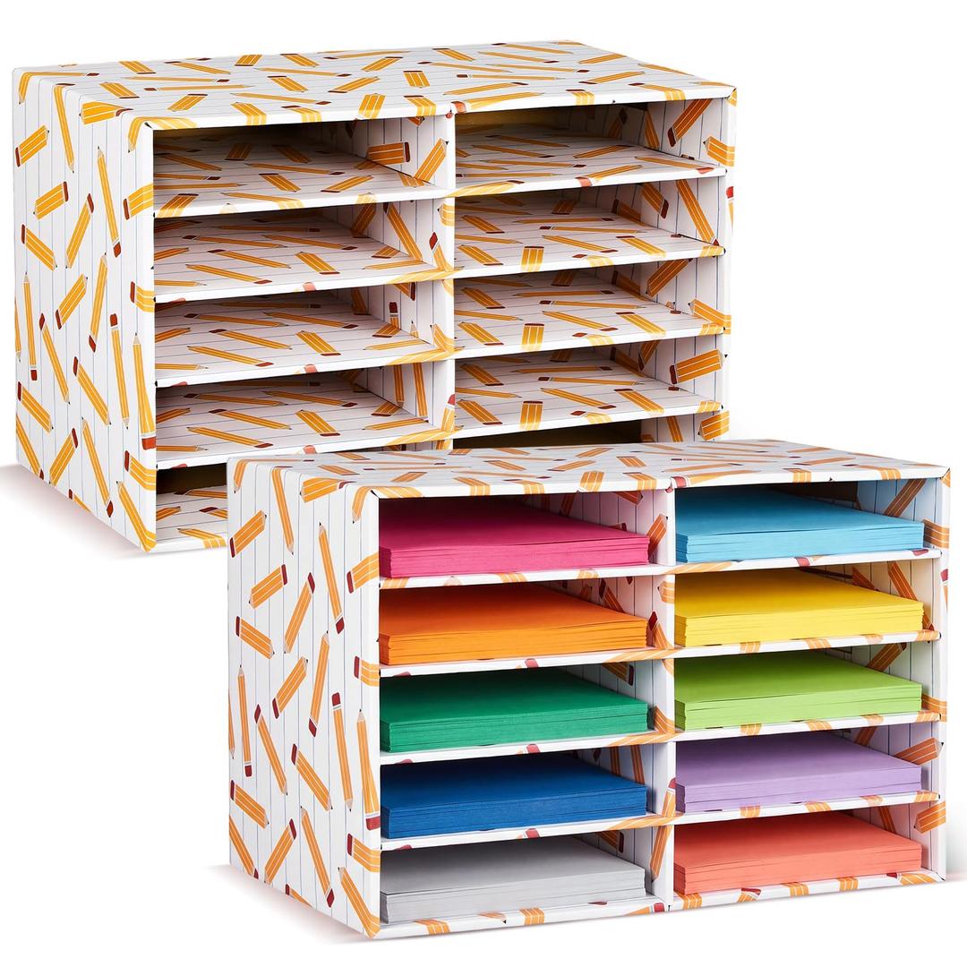 Dispowreath 2 Pack 10 Slots Construction Paper Storage, Classroom Mailboxes, Back to School Literature Cardboard Paper Organizer for Teacher, Office, 19.7 x 12.4 x 11.8 Inches(Yellow,Pencil)