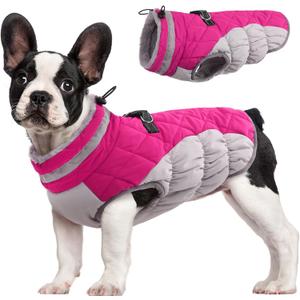 FUAMEY Dog Coat, Medium, Pink, Faux Fur - Waterproof, Windproof, Reflective Cold Weather Coat with Built-in Harness, Fits Dogs 11 lbs and Up (M(chest:21in), Rose Red)