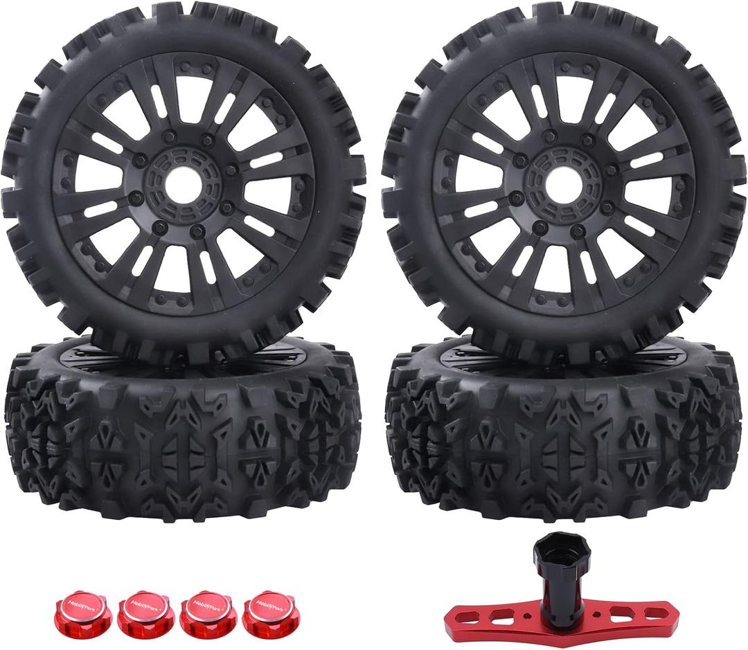 HobbyPark Pre-Glued 1/8 Scale 17mm RC Buggy Tires and Wheels Set with Foam Inserts Mounted for Arrma Typhon 6S 3S Talion 6S Senton 6S,Losi 8IGHT, Team Associated HPI (4-Pack)