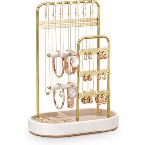 Jewelry Organizer, Jewelry Holder Gold with Metal Frame and Velvet Ring Tray Protect headdress from scratches, Women Jewelry Stand Organizer (T31)
