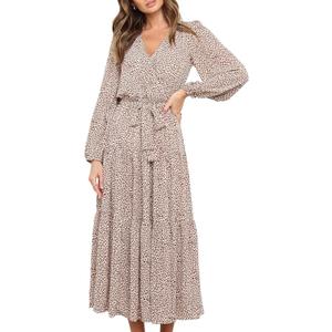 R.Vivimos Women's Fall Long Sleeve Casual Dresses Wrap V Neck Polka Dots Tiered Ruffle Flowy Midi Dress with Belt (Medium)
