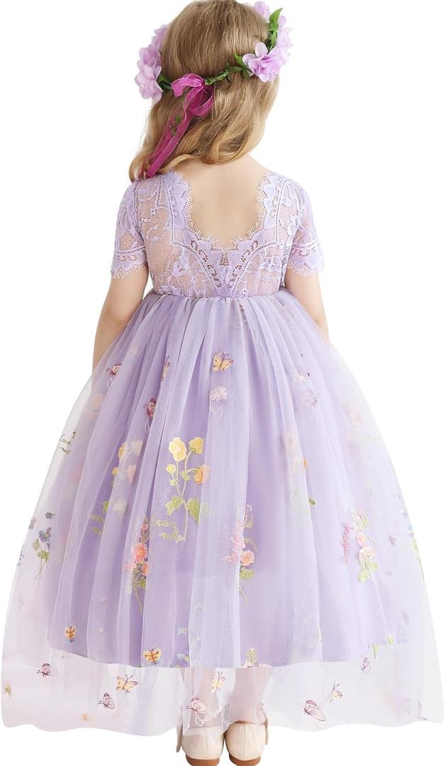Flower Girl Lace Back V-Neck Dress Full-Length Floral Embroidered Toddler Tutu Tulle Dresses for Girls (6-7 Years, Purple)