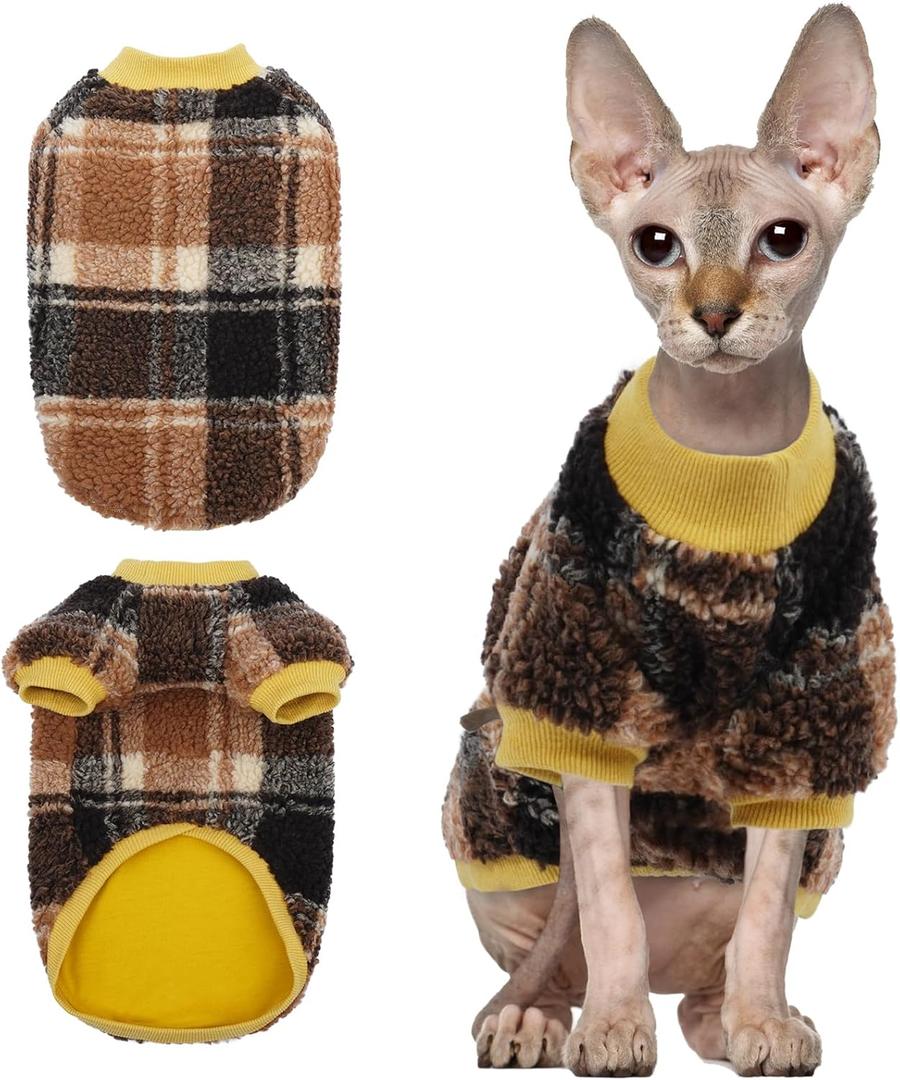 Sphynx Cat Sweater, Soft Fleece Pullover with Sleeves, Warm & Elastic Pet Clothes for Hairless Cats and Small Kittens, Cozy Winter Outfit Yellow XL