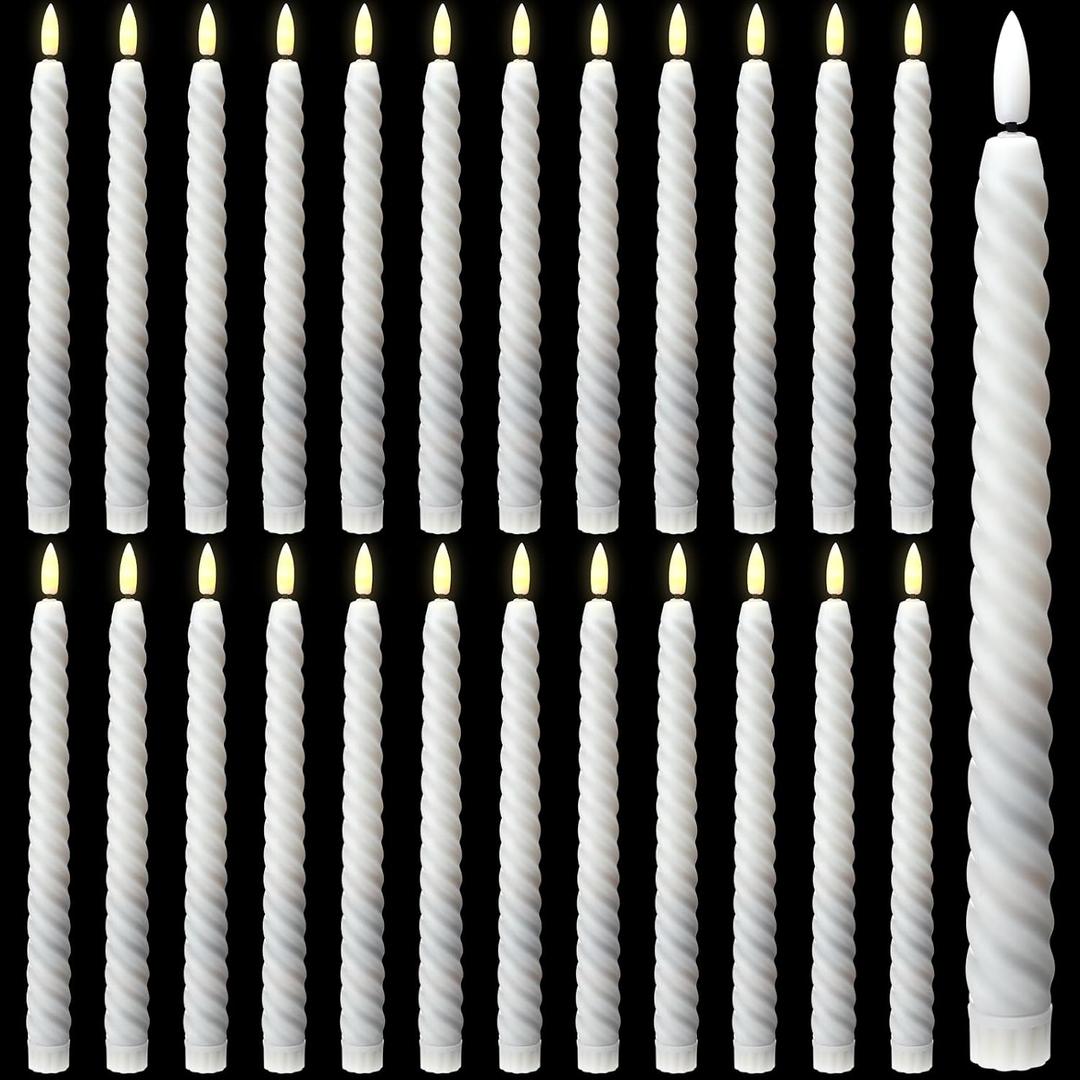 Tuanse 24 Pcs 10 Inch Flameless Twisted Taper Candles Battery Operated LED Taper Flickering Candlesticks Electric Warm Light for Wedding Holiday Birthday Home Decor(White)
