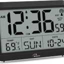 WallarGe Atomic Digital Wall Clock Battery Operated, Self-Setting, Large Display with Temperature, Date, Day of The Week, Silent Wall Mount Digital Clock, 4 Time Zones, DST (8.5 inch - Black)