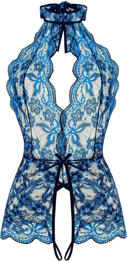Ababoon Women One Piece Lingerie Lace Sexy Baby Dolls Teddy Sleepwear (Medium, Black&blue)
