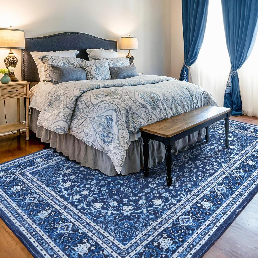 Lessymo Washable Area Rugs 6x9- Boho Area Rug Low Pile for Bedroom Living Room Kitchen, Ultra-Soft Faux Wool Vintage Area Rug with Non-Slip Rubber, Kid & Pet Friendly, Blue White