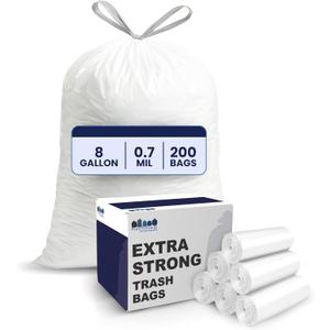Plasticplace 8 Gallon Trash Bags -White Drawstring Garbage Can Liners - 200 Count - Leak-Resistant and Tear-Proof for Kitchen, Bathroom, Office, and Small Trash Cans 0.7 Mil