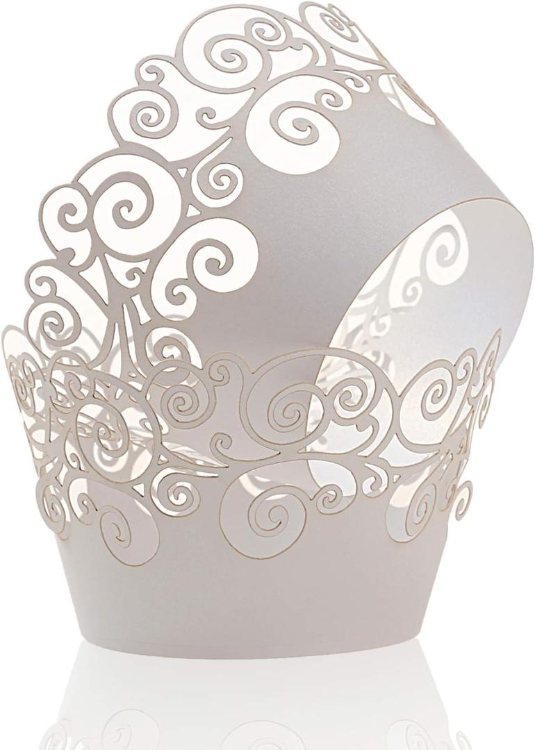 Cupcake Wrappers, KPOSIYA 100 Pack Cupcake Wraps Filigree Artistic Bake Cake Paper Cup Little Vine Laser Cut Liner Baking Cups Muffin Case Trays for Wedding Party Birthday Decoration (100, White)
