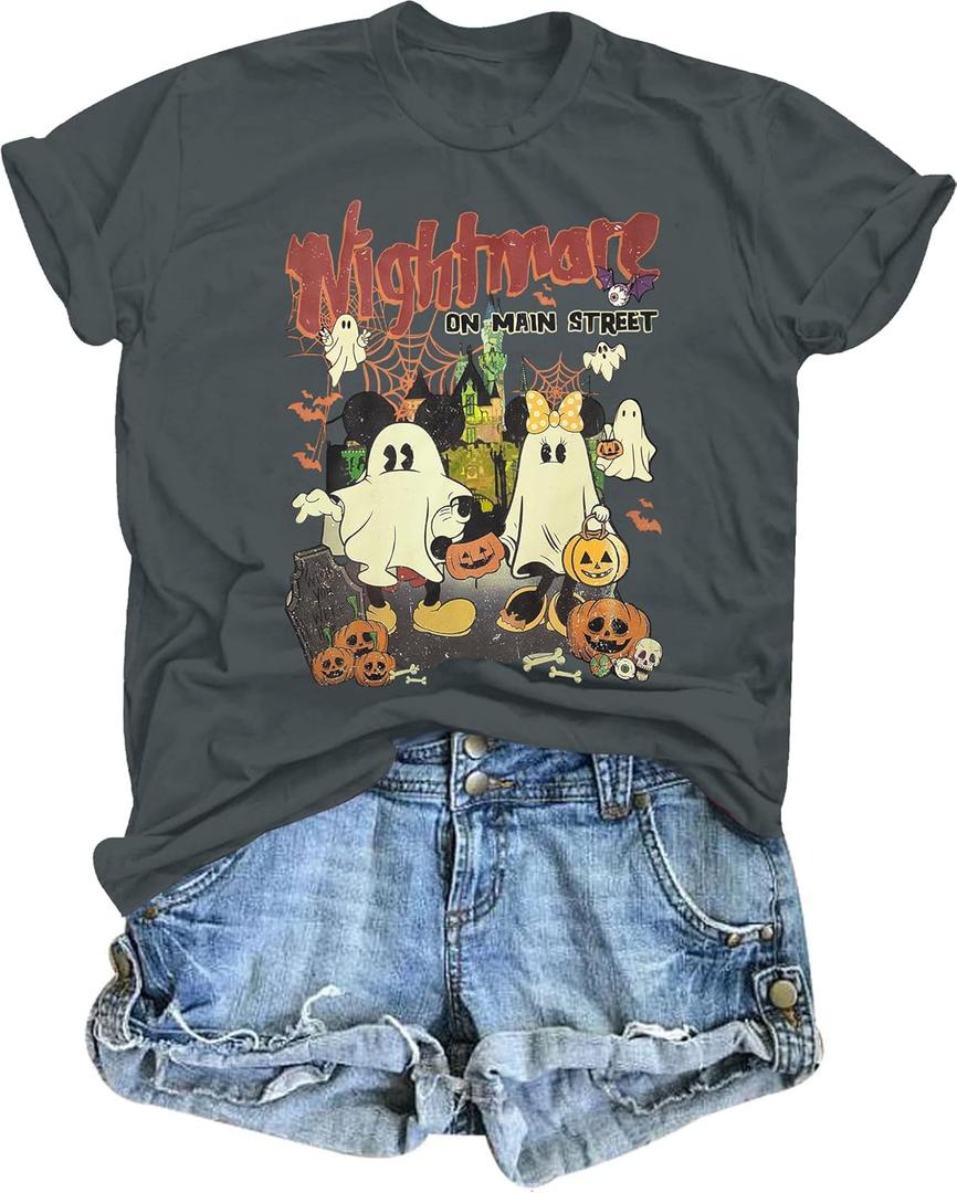 Magical Halloween Shirts for Women Funny Nightmare On Main Street Graphic Tees Spooky Season Casual Short Sleeve Fall Tops (Gray, XXL)