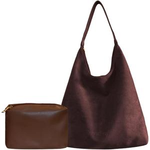 Suede Shoulder Bag for Women Suede Tote Purse Slouchy Suede Hobo Bags Suede Handbags Purses Set for Work Travel (Coffee)