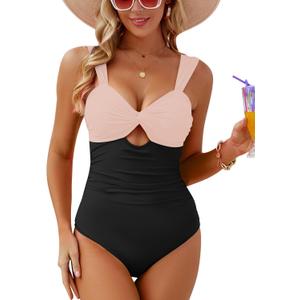 VIMPUNEC Women Tummy Control One Piece Swimsuit High Waisted Bathing Suit Cut Out Swimwear PinkBlack XL
