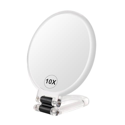 BOOMIBOO 1X/10X Magnifying Handheld Mirror Double Sided, Foldable Travel Makeup Mirror, Adjustable Rotation Pedestal Hand/Hanging/Desk Vanity Mirror-Clear