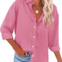 siliteelon Womens Button Down Shirts Cotton Dress Shirts Long Sleeve Blouses V Neck Tops with Pockets Solid Casual Tunics (X-Small, Camel Pink)