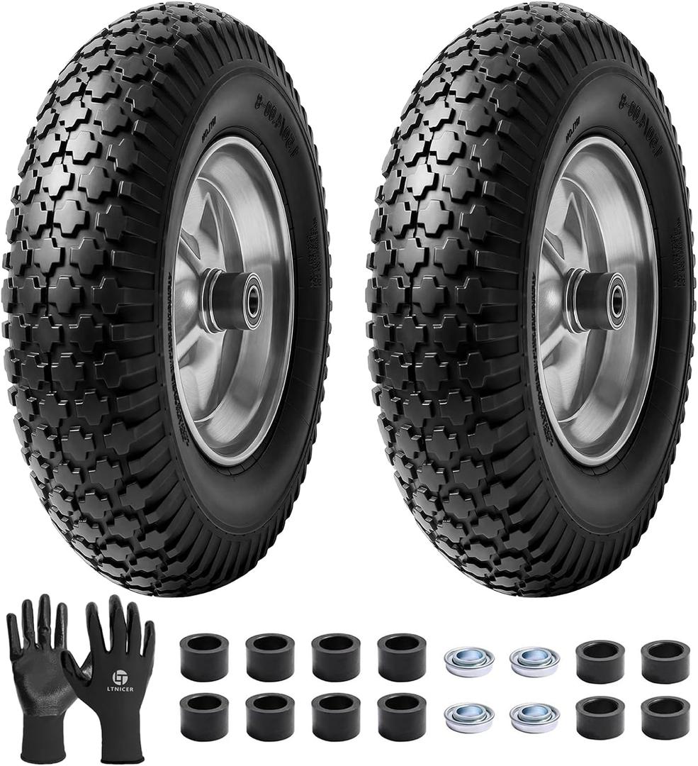 (2-PACK) 4.80/4.00-8" Tire and Wheel, 16" Pneumatic Tire Wheels with 5/8" Bearings (Extra 3/4") and 3" Centered Hub for Wheelbarrow, Hand Truck, Garden Carts, Yard Wagon Dump Cart