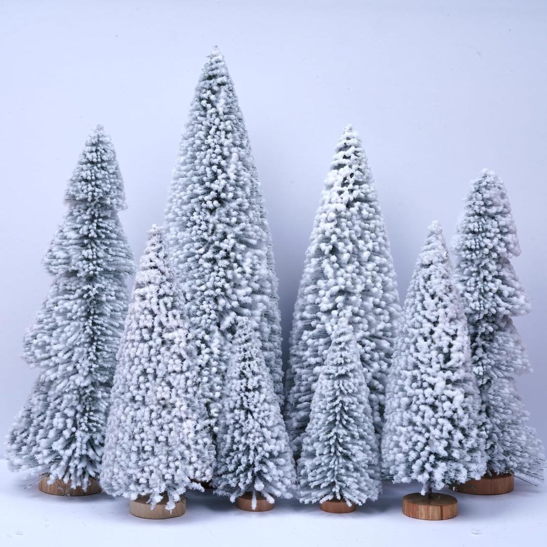 AerWo 8Pcs Mini Christmas Trees Flocked Bottle Brush Christmas Trees 4''-10'' with Wooden Bases, Small Xmas Tree for Tabletop Xmas Decor Village Crafts Winter Holiday Table Decorations