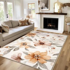 MOSISO 8x10 Area Rug for Living Room, Soft Non Slip Ink-Style Large Flowers Low Pile Carpet, Faux Wool Rectangular Washable Floor Mat for Home Decor Bedside Bedroom Diningroom, Beige