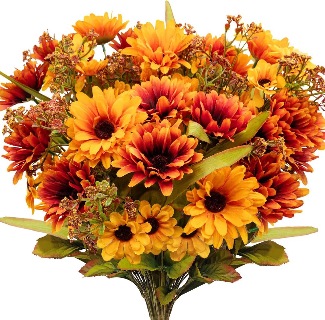 Fall Flowers Artificial for Decoration, 2 Pcs Fake Mums Silk Daisy Faux Bouquet Arrangements for Home Indoor Outdoor Table Room Wedding Party Fall Decor