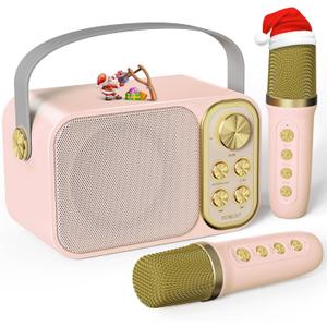Mini Karaoke Machine for Kids with 2 Wireless Microphone, Portable Bluetooth Speaker, Kids Karaoke Machine to Sing Anywhere, for Girls, Ideal for Party, Birthday, Family Meeting (Pink)