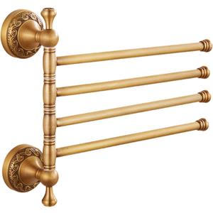 Wall Mounted Bathroom Folding Towel Rack, 4 Towel Bars Antique Brass Pattern Carving,Brushed Bronze
