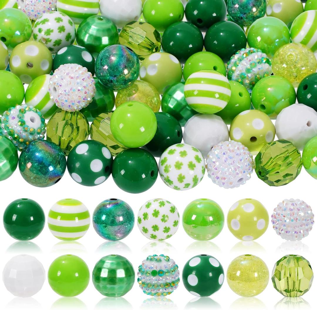 2 x Whaline 50 Pcs 20 mm St. Patrick's Day Bubblegum Beads Set Mixed Green Shamrock White Green Plastic Spacer Beads for Jewelry Making Boutique Craft Supplies, Small