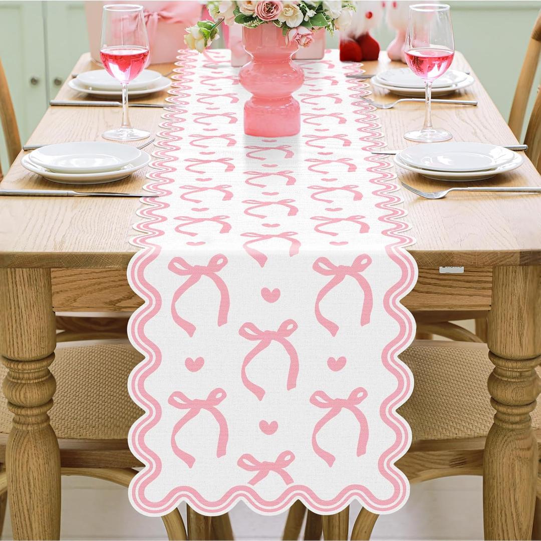 Pink Bow Table Runner 72 Inches Cute Heart Linen Fabric Scalloped Table Runner Coquette Christmas Dining Decor for Birthday Baby Shower Party Valentine's Home Decor(Bow A)
