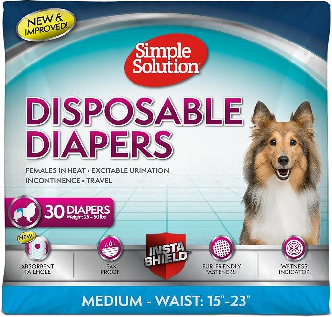 Simple Solution Female Dog Diapers Disposable Diapers for Potty Training, Incontinence, and Heat Cycle Protection Leak-Proof Fit for Medium Dogs, 15"-23" Inch Waist, 30 Count