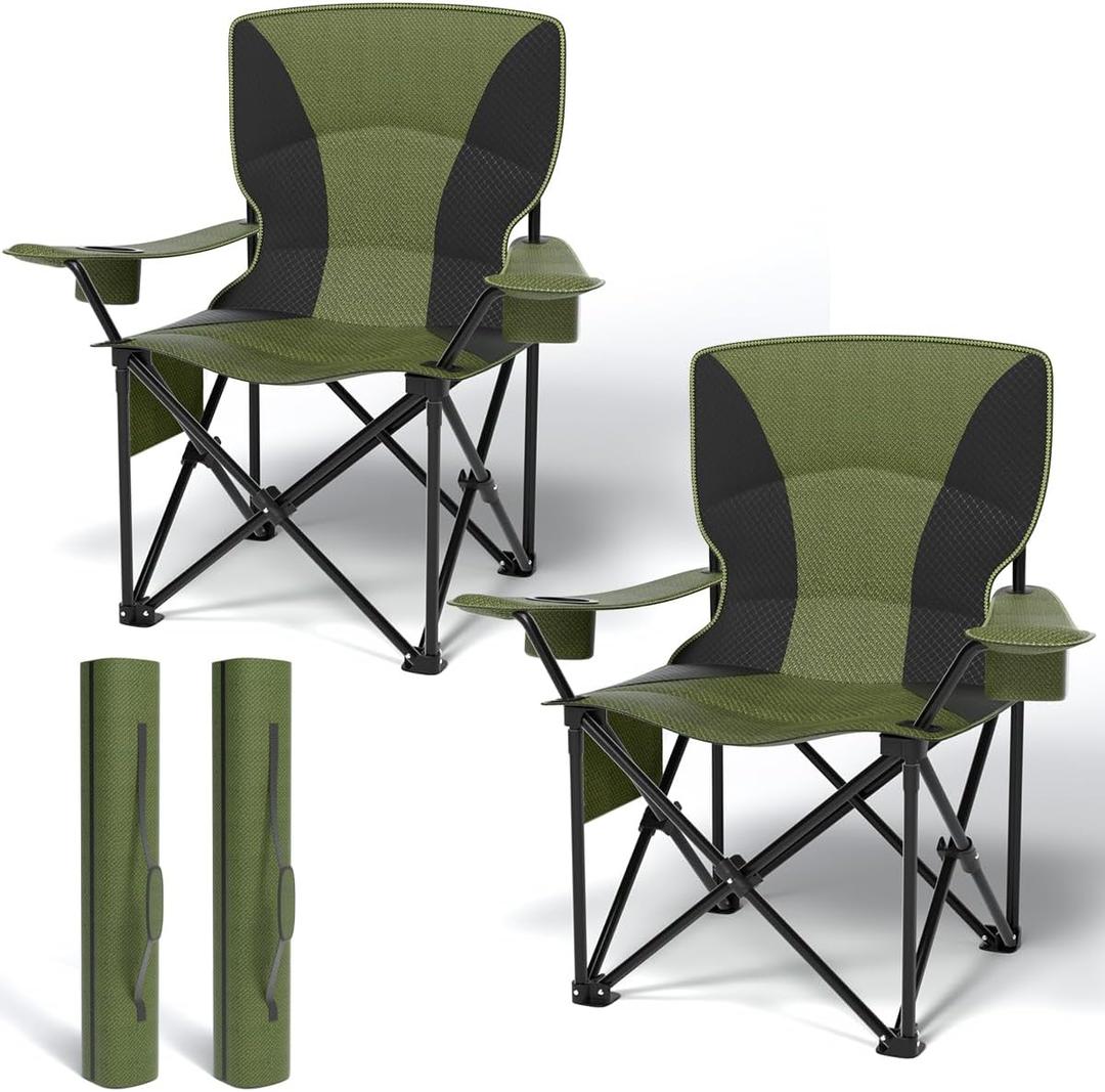Heavy Duty Folding Chair 500LB Capacity, Oversized Camping Chairs with Cup Holder, Cooler Bag & Storage Pouch, Double-Layer Fabric, Outdoor Chairs for Sports, Lawn Chairs (2, Black Green, Oversized)