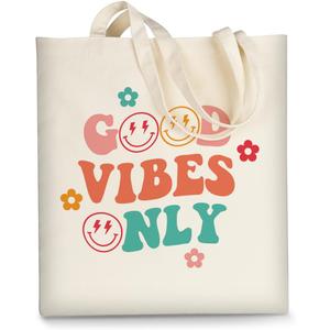 AUSVKAI Canvas Tote Bag Aesthetic for Women, Cute Reusable Cloth Cotton Bags for Shopping Beach Trendy Gifts (Good Vibes Only)