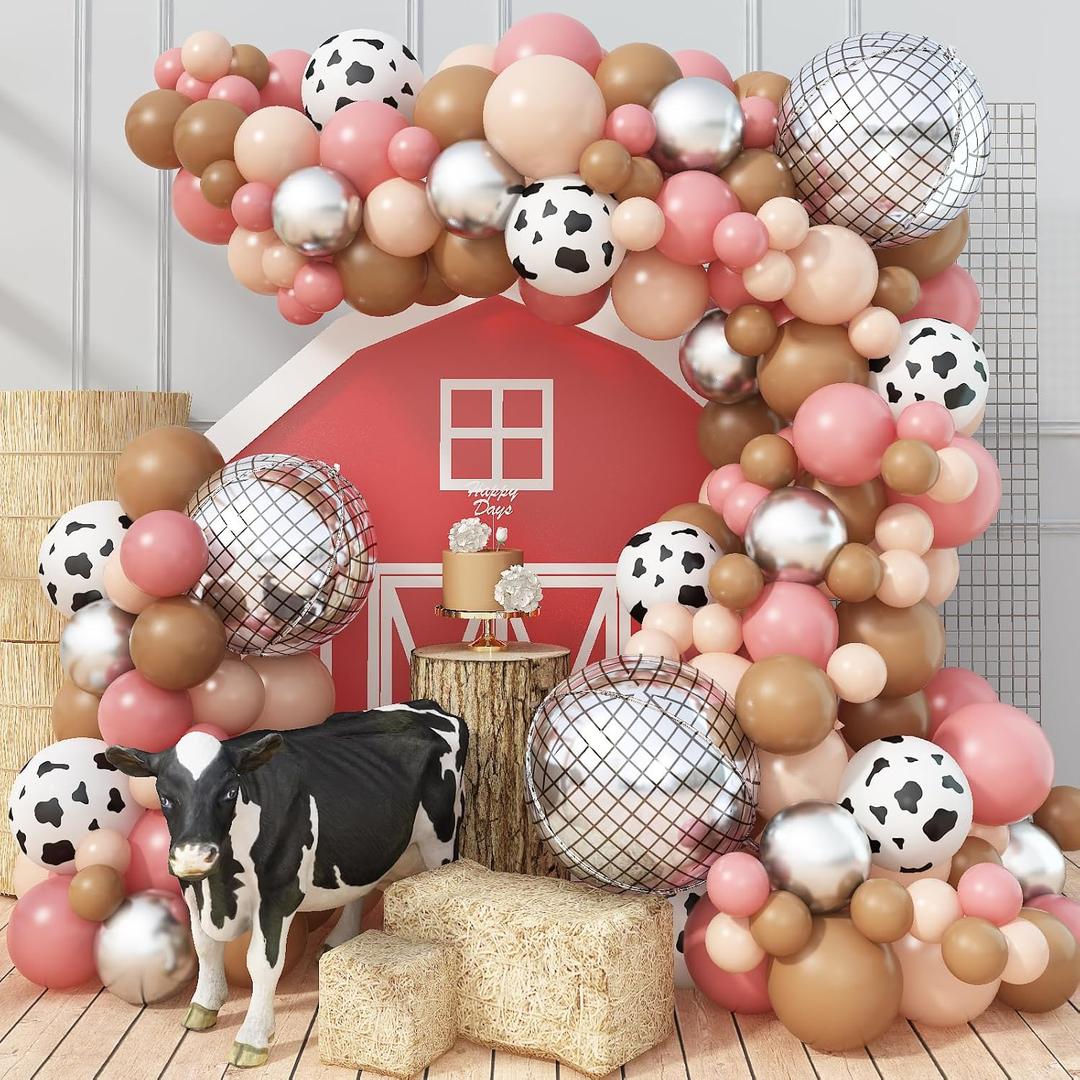 2 x Cow Print Balloon Arch Kit, Dusty Pink and Brown Nude Balloon Garland Farm Cowgirl Western Balloons with Disco Ball Balloons for Rodeo Birthday Party Decorations Wild West Bachelorette Cowgirl Party