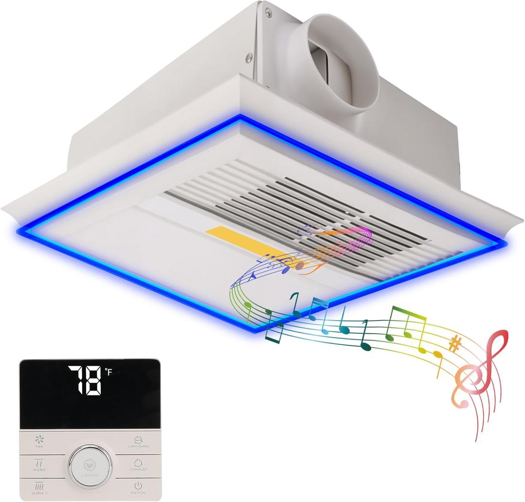 Bathroom Exhaust Fan with Bluetooth Speaker, Exhaust Fan with Light, With Heater and Light, 160 CFM 1.0 Sonar, 5 Color Temperatures, 1 Sensor Night Light, 1 Remote Control, Easy to Install, Medium