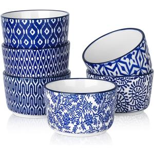 Selamica Ceramic Ramekins 4 Oz, Creme Brulee Ramekins Oven Safe, Souffle Custard Dishes/Cups for Baking, Mini Bowls for Pudding Ice Cream Dip, Set of 6, Vintage Blue