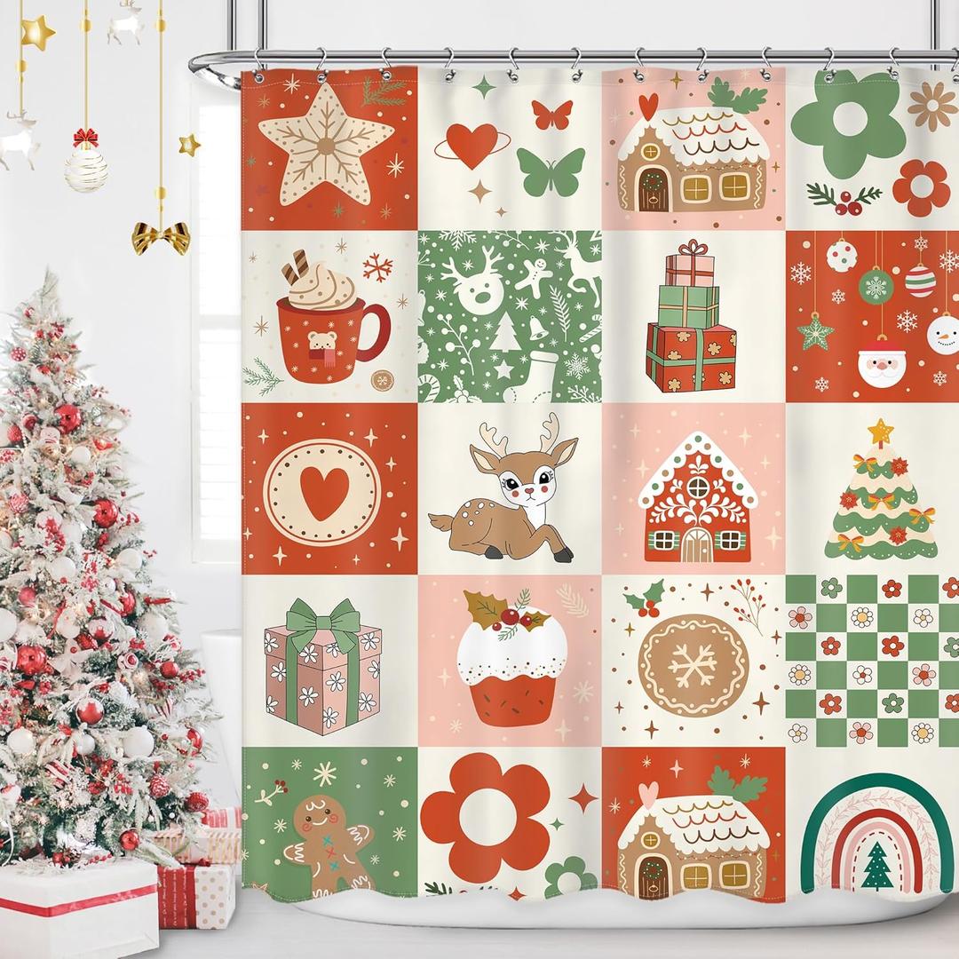 Retro Christmas Shower Curtain 60Wx72H Inch Merry Xmas 70s Cute Deer Snowflake Flower Rainbow Checkered Shower Curtain Bathroom Set Kids Girls Waterproof Bath Decoration Accessories Home Decor