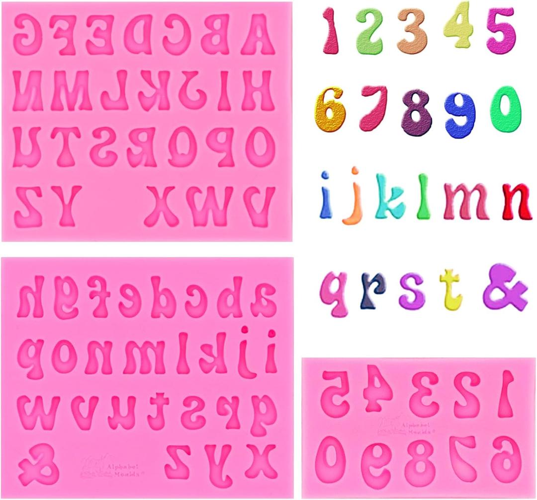 Alimat PluS Letter and Number Mold Silicone 3 Pack, Chocolate Fondant Molds for Cake Decorating and Baking