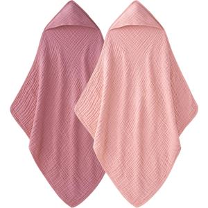 Hooded Baby Towels for Newborn - 2 Pack, 100% Muslin Cotton, Baby Bath Towels with Hood, Soft and Absorbent for Girls Infant, Toddler and Kids, Large 32x32 Inches, Newborn Essential (Peach Pink & Dark Pink)