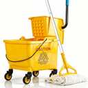 33 Qt Commercial Mop Bucket, with Side-Press Wringer on Wheels. Includes an Industrial Mop. Yellow Industrial Mop Bucket, Suitable for Home, Commercial, Restaurant Cleaning